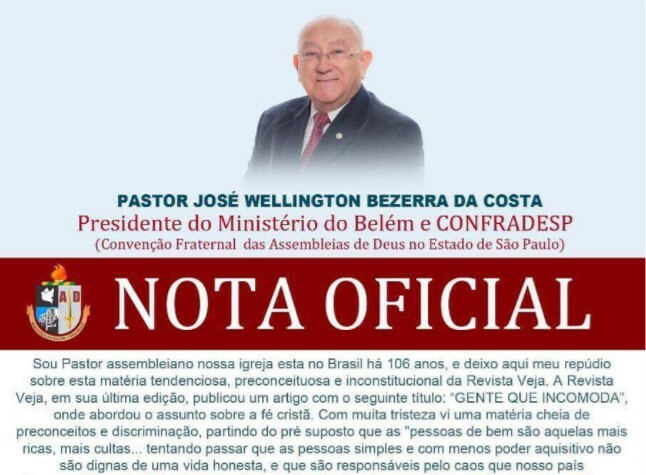Nota oficial do pastor José Wellington Bezerra da Costa