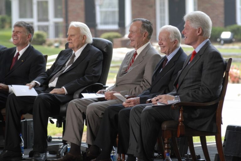 Franklin Graham, Billy Graham, President George H.W. Bush, President Jimmy Carter and President Bill Clinton at the dedication of the Billy Graham Library in Charlotte, North Carolina, in 2007.