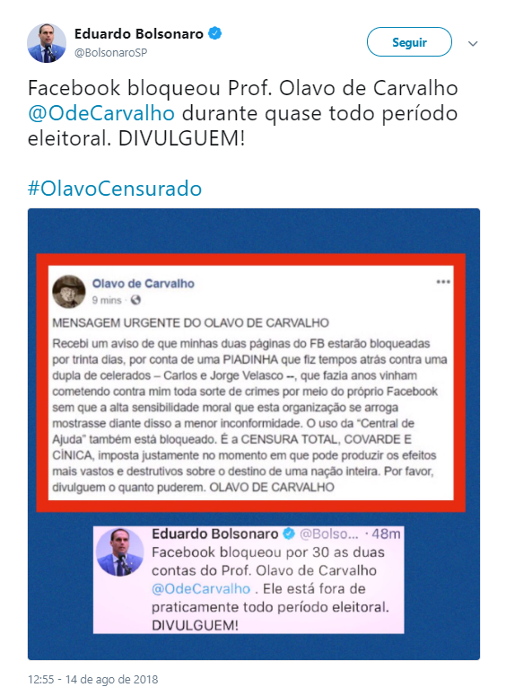 Facebook bloqueia o escritor Olavo de Carvalho