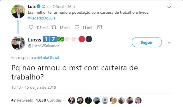 O perfil do Twitter do ex-presidente Lula foi ironizado após reclamar do decreto de posse de armas