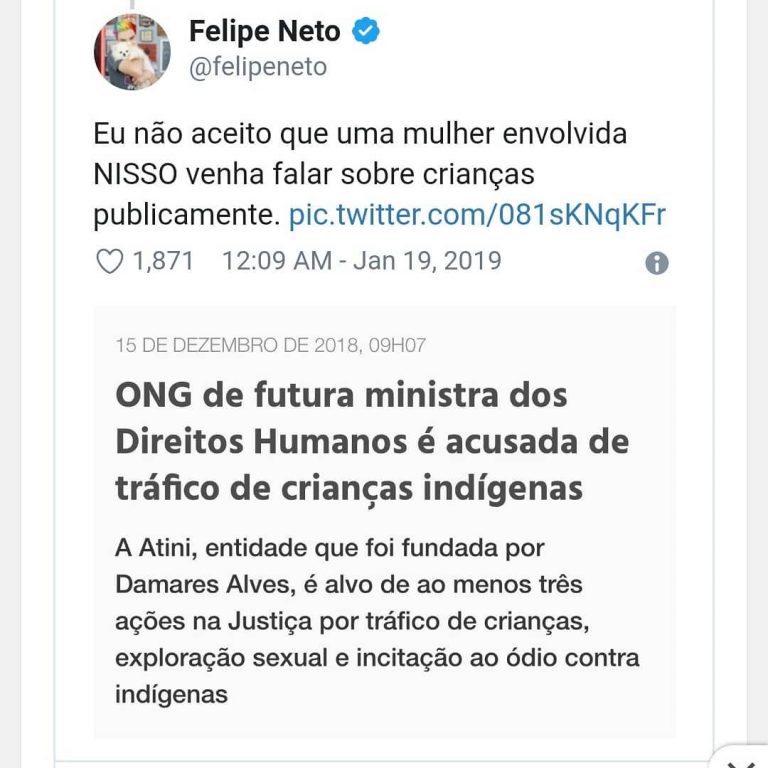 Damares rebateu a acusação de Felipe Neto