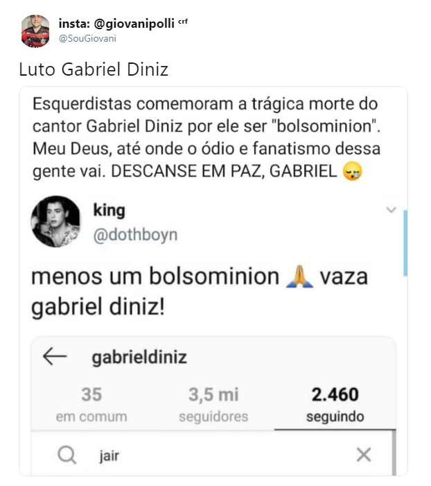 Usurios do Twitter denunciam pessoas comemorando a morte de Gabriel Diniz por ele ser pr-Bolsonaro