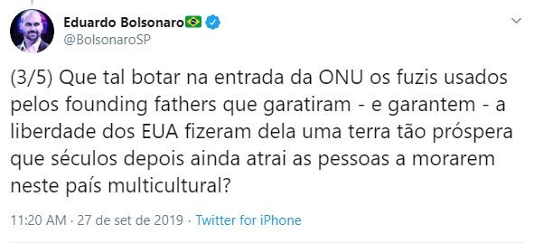 Eduardo Bolsonaro critica postura da ONU sobre questão armamentista