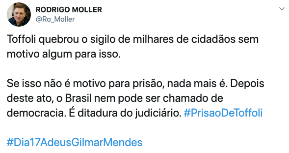 Movimento nas redes sociais pedem a punição dos ministros do STF Gilmar Mendes e Dias Toffoli