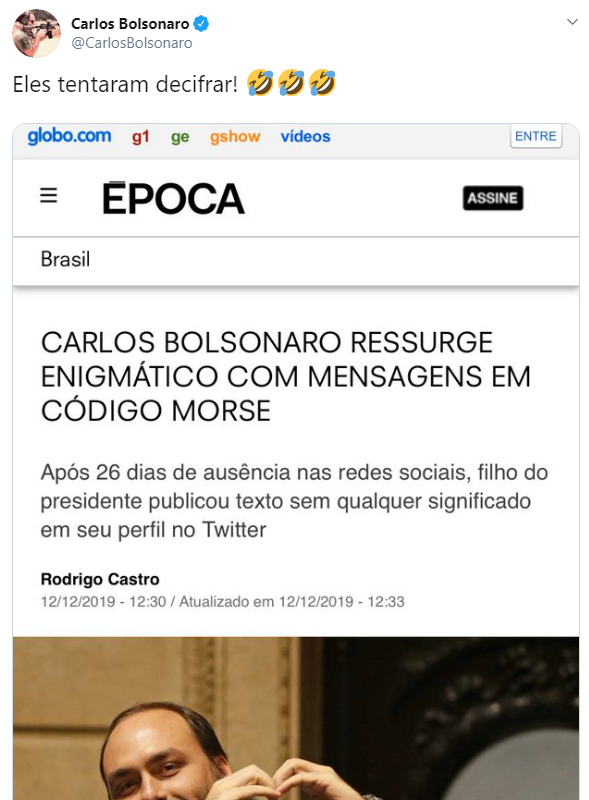 Carlos Bolsonaro ironiza publicação do grupo Globo