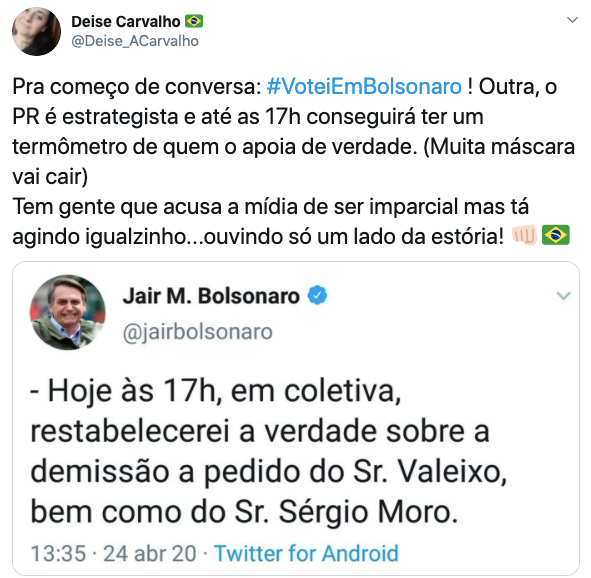 Internautas demonstraram apoio ao presidente Jair Bolsonaro após demissão de Sergio Moro