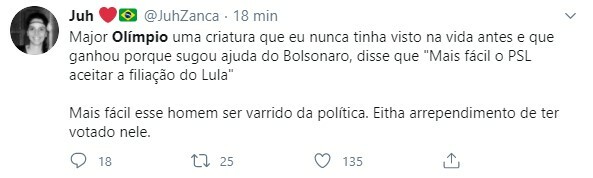 Major Olímpio foi criticado nas redes sociais ao dizer que preferia Lula a Bolsonaro no PSL