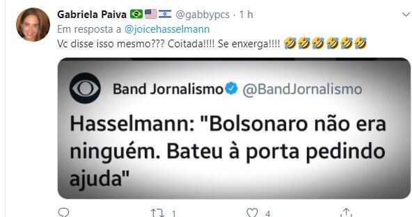 Internautas rebatem ataques de Joice a Bolsonaro