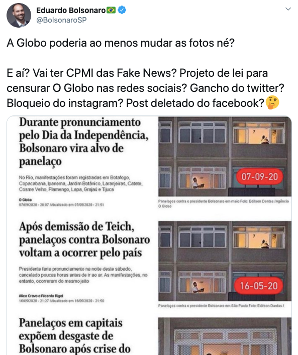 Jornal O Globo usou imagem repetida de panelaço em três reportagens diferentes