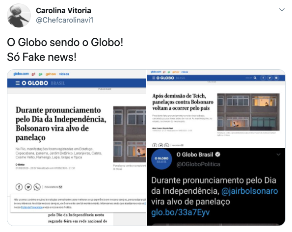 Jornal O Globo usou imagem repetida de panelaço em três reportagens diferentes