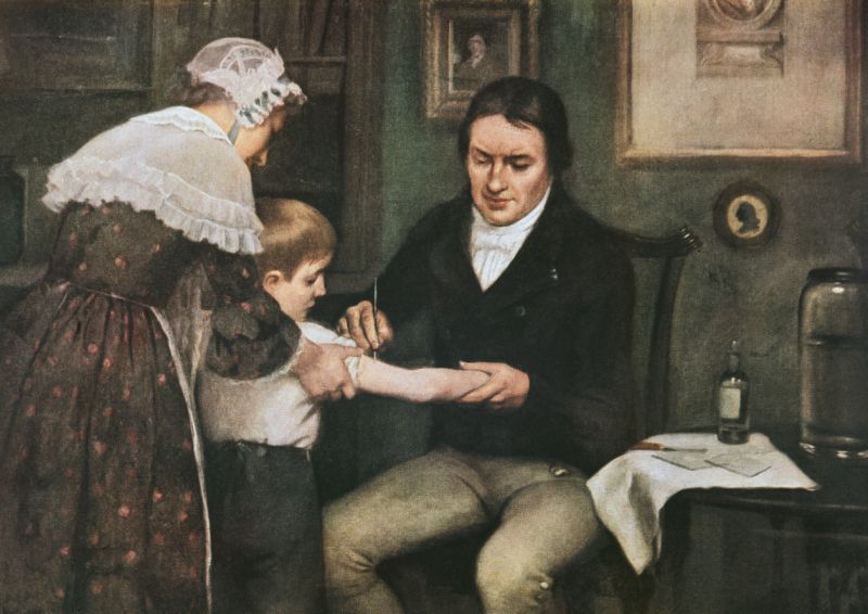 Pintura que retrata Jenner aplicando a primeira vacina num menino de oito anos