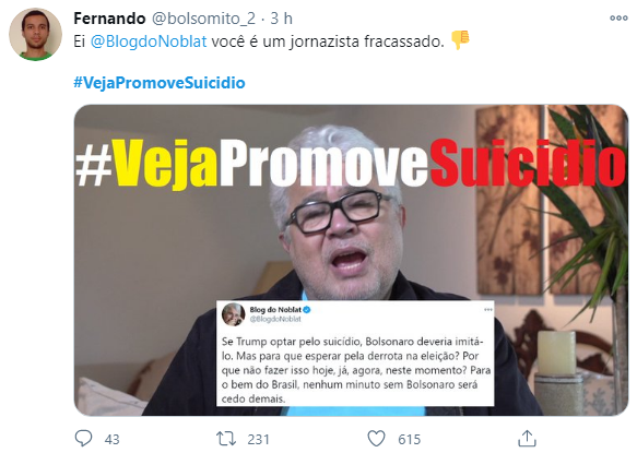 Após comentário de Noblat, web diz que a #VejaPromoveSuicidio