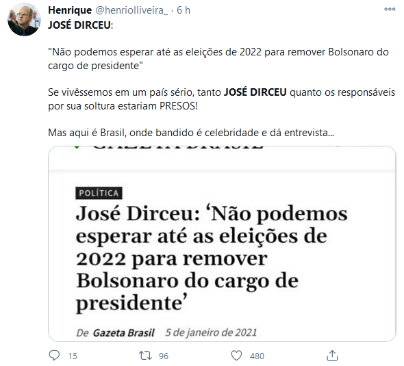 Web detona Dirceu por querer 'retirar Bolsonaro' antes de 2022