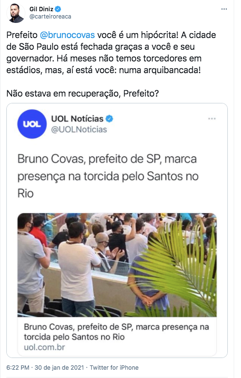 Bruno Covas foi criticado nas redes sociais