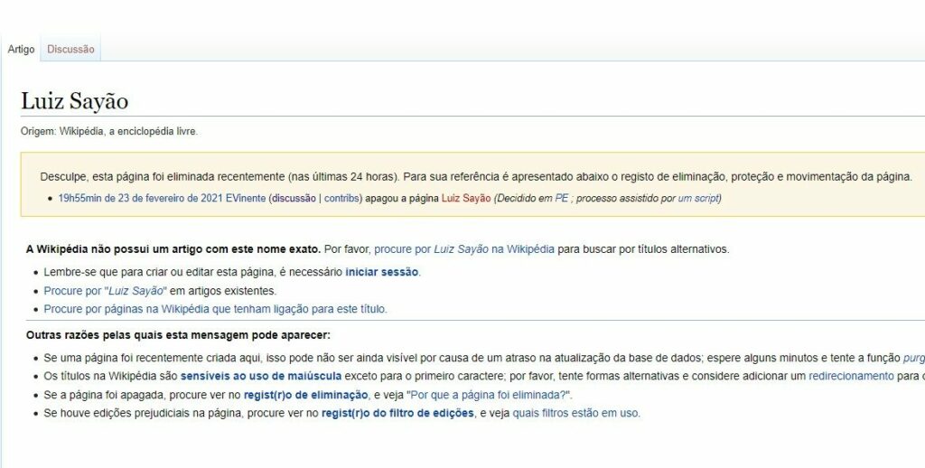 Luiz Sayão tem verbete excluído na Wikipédia