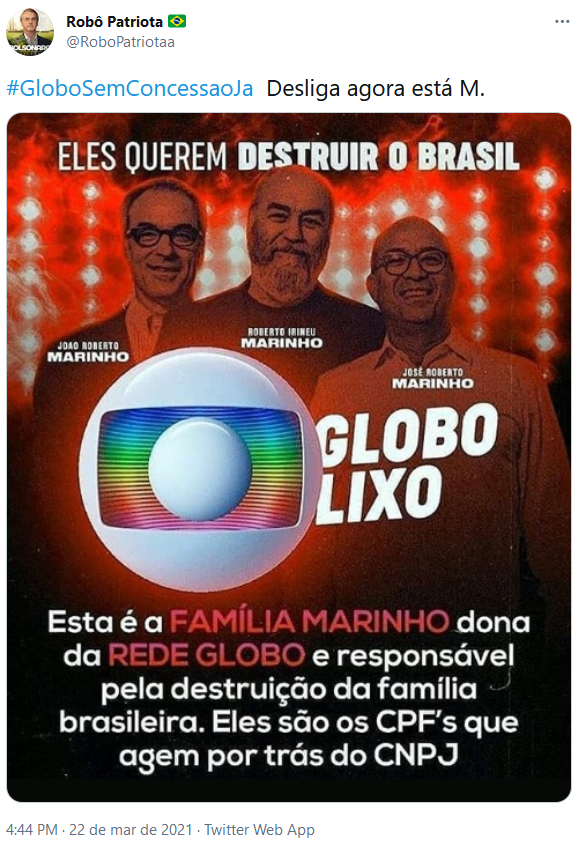 Twitter lança campanha pelo fim da concessão pública da TV Globo