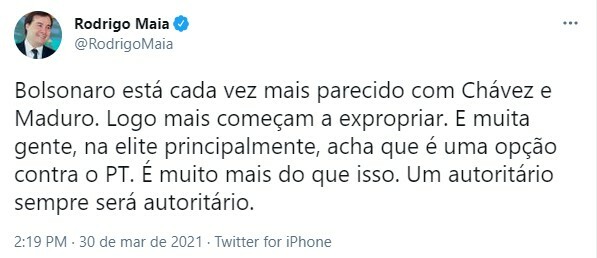 Rodrigo Maia compara Bolsonaro à Chávez e Maduro