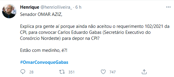 Usuários de redes sociais pediram a convocação de Carlos Gabas na CPI da Covid