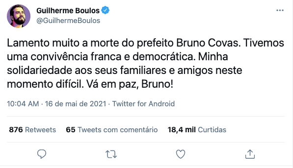 Aliados e políticos brasileiros lamentam a morte do prefeito Bruno Covas, vítima de câncer, aos 41 anos