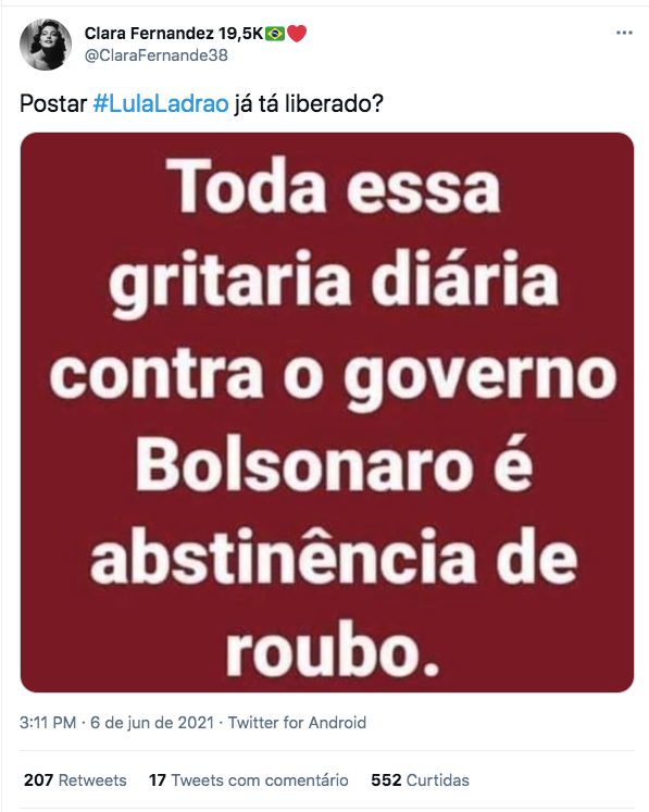 #LulaLadrao ficou entre assuntos mais comentados do Twitter