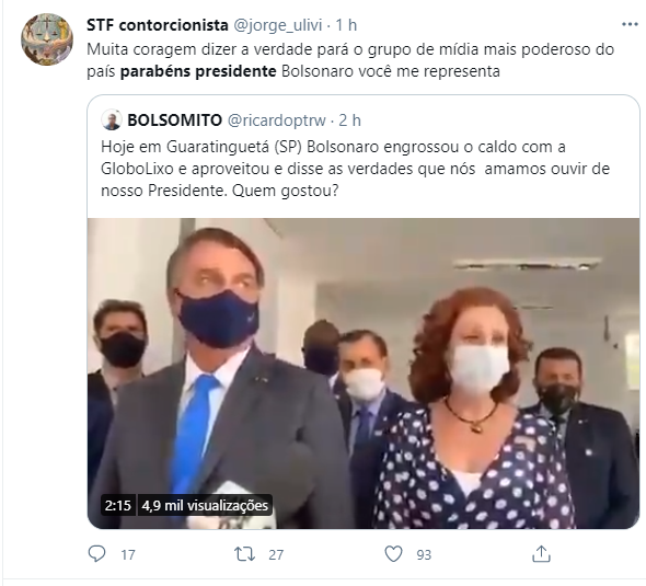 Após dizer que a Rede Globo faz 'jornalismo canalha’, Bolsonaro foi elogiado em rede social