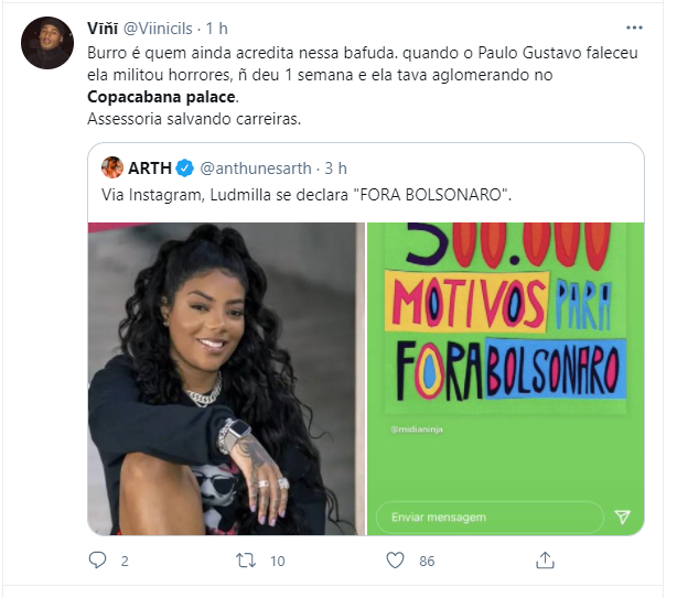 Ludmilla é criticada no Twitter após culpar Bolsonaro por mortes da Covid