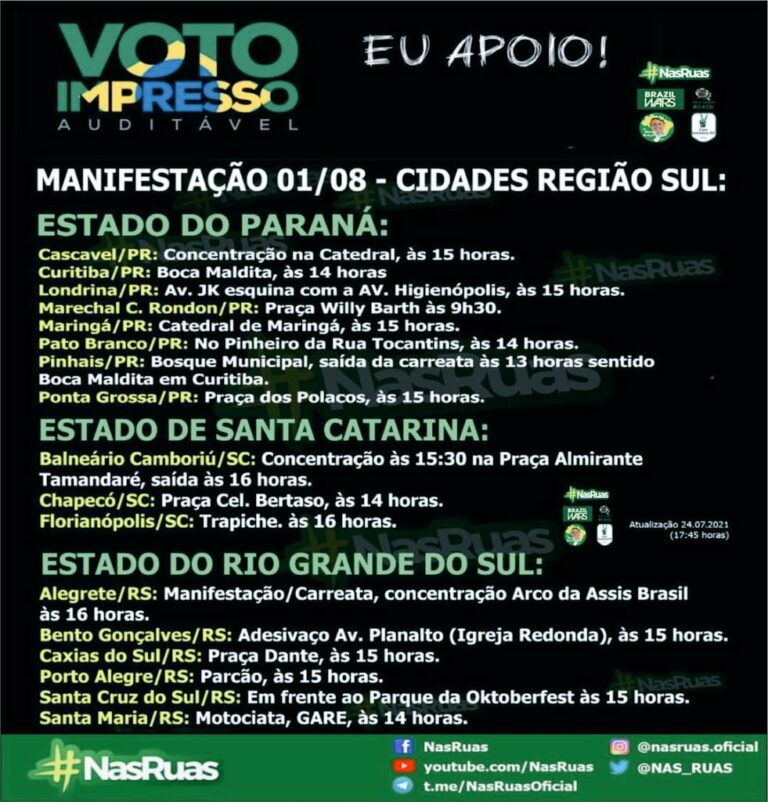 Brasileiros irão às ruas pelo voto impresso e auditável para o dia 1º de agosto