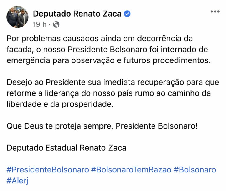 Bolsonaristas da Alerj dizem estar confiantes na recuperação de Bolsonaro