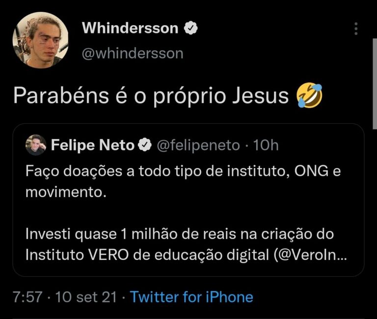 Whindersson dá resposta afiada a Felipe Neto