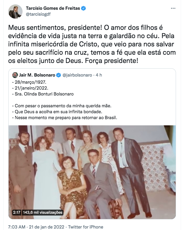 Políticos lamentam a morte da mãe do presidente Jair Bolsonaro