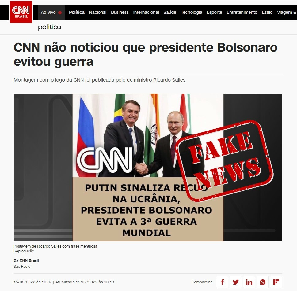 CNN nega notícia que Bolsonaro tenha evitado 3ª Guerra Mundial