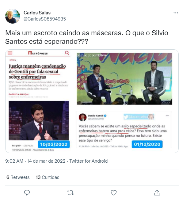 Usuários do Twitter pedem que Silvio Santos demita Gentili