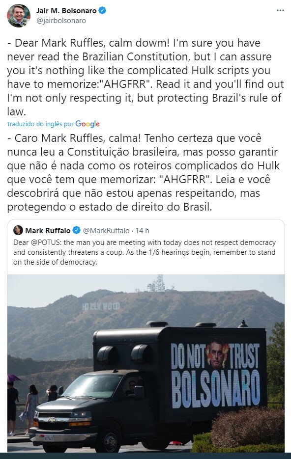 Tuítes de Bolsonaro em resposta a Mark Ruffalo