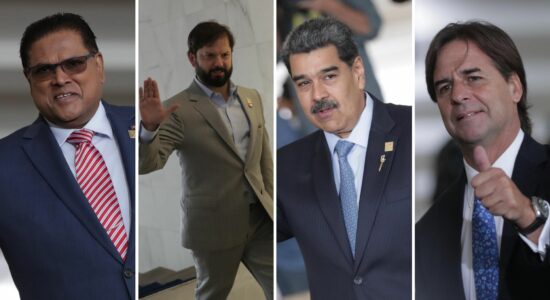 Presidente do Suriname, Chan Santokhi; presidente do Chile, Gabriel Boric; Ditador da Venezuela, Nicolás Maduro e presidente do Uruguai, Luis Lacalle Pou