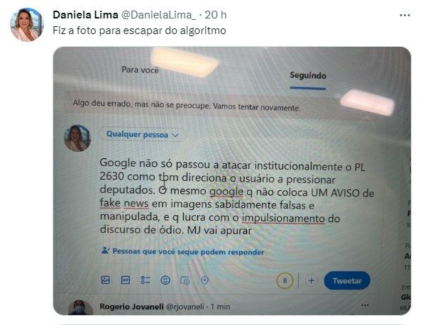 Twitter da jornalista Daniela Lima